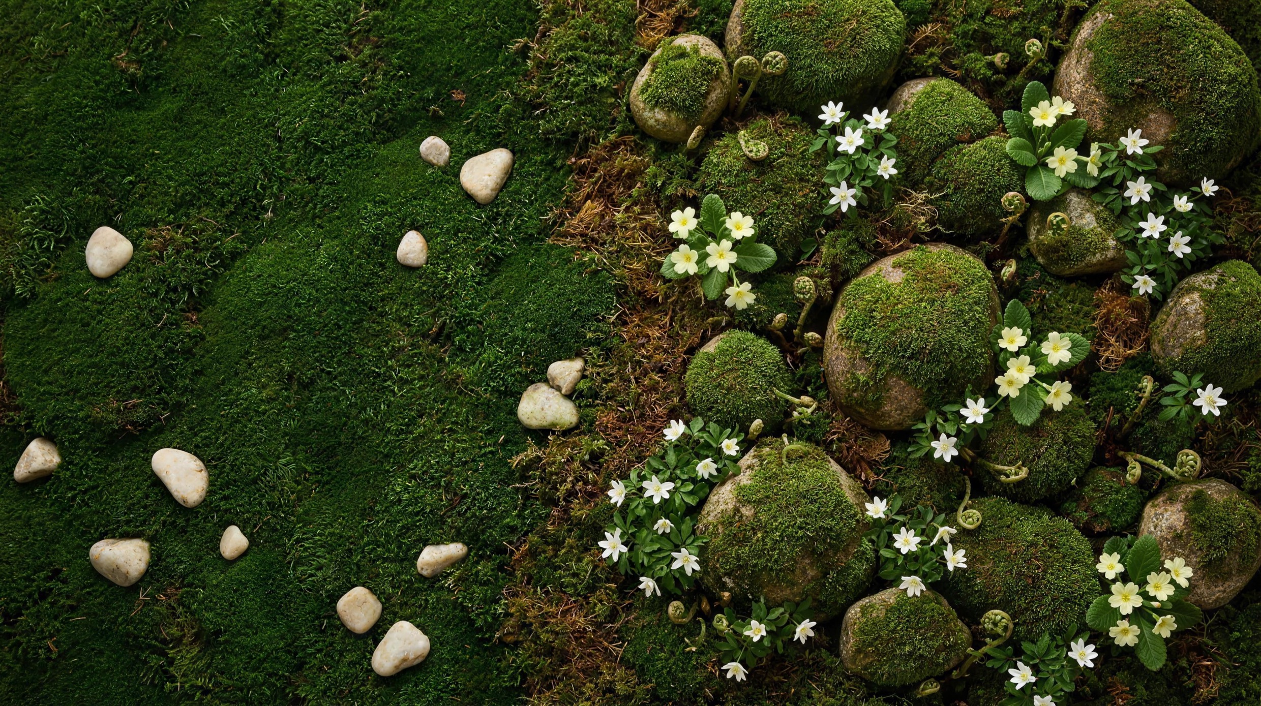 A forest floor from above: stones deep in moss, with small woodland flowers and ferns between them.