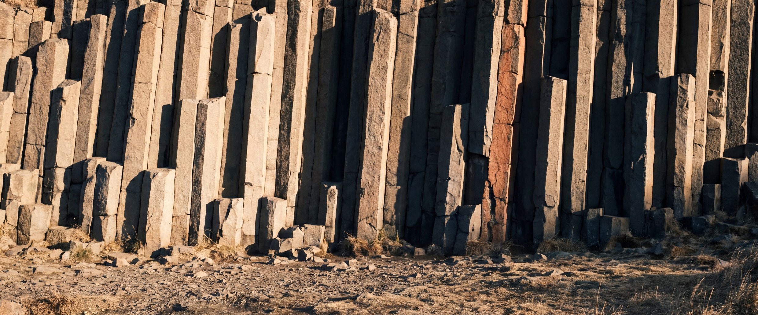 A wall of columnar basalt in low raking light.
